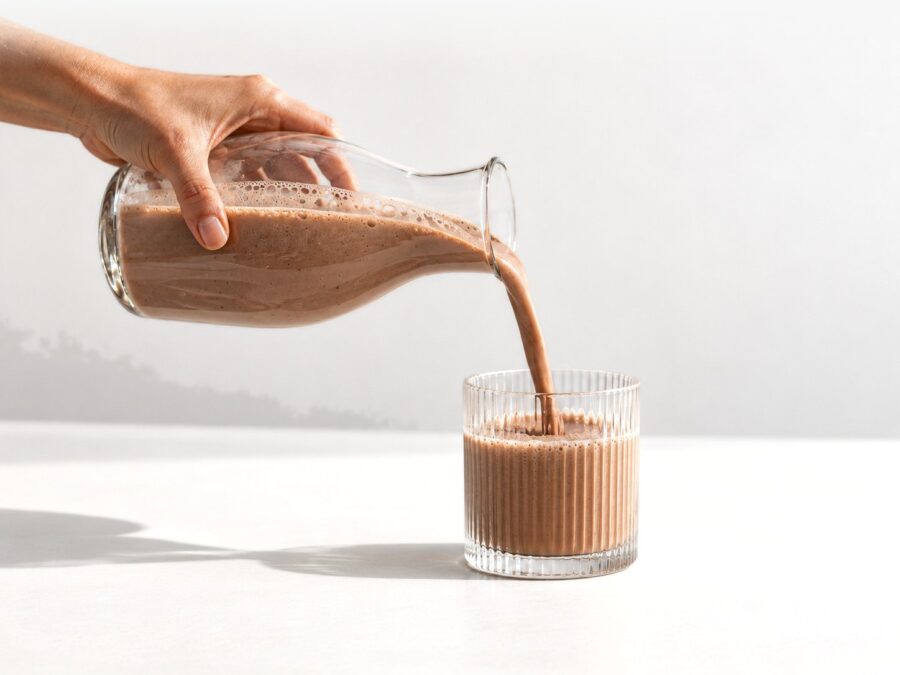 Nalievanie pripraveného nápoja Powerlogy Whey Protein Dark Chocolate do pohára